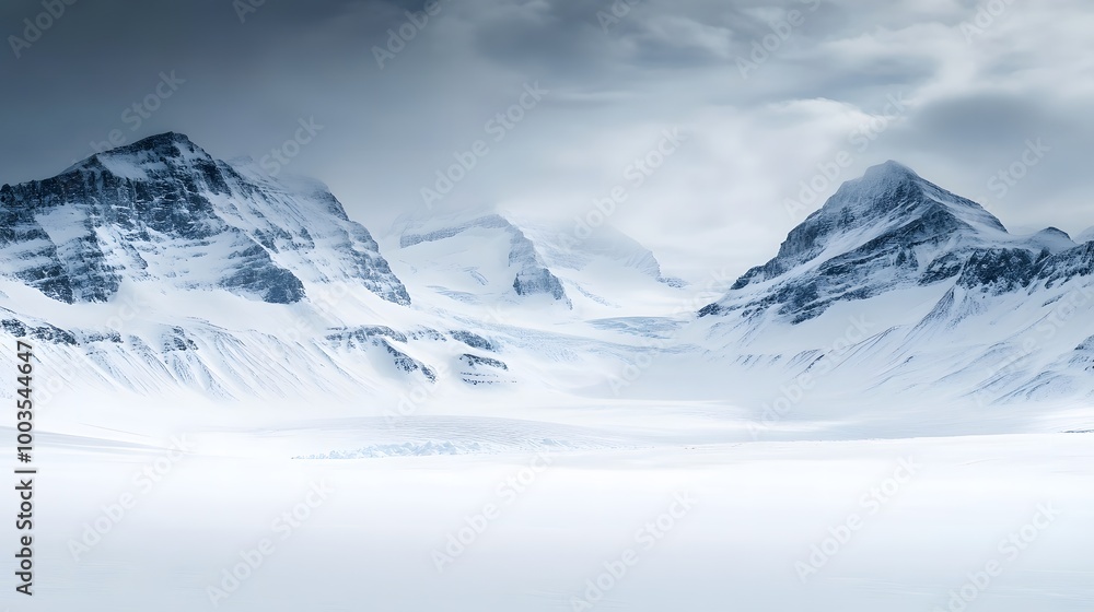 Snow-covered mountain landscape under soft lighting, capturing a peaceful winter scene with a serene atmosphere. The snow-laden peaks and gentle light create a sense of tranquility and natural beauty Snow-covered mountain landscape under soft lighting, capturing a peaceful winter scene with a serene atmosphere. The snow-laden peaks and gentle light create a sense of tranquility and natural beauty