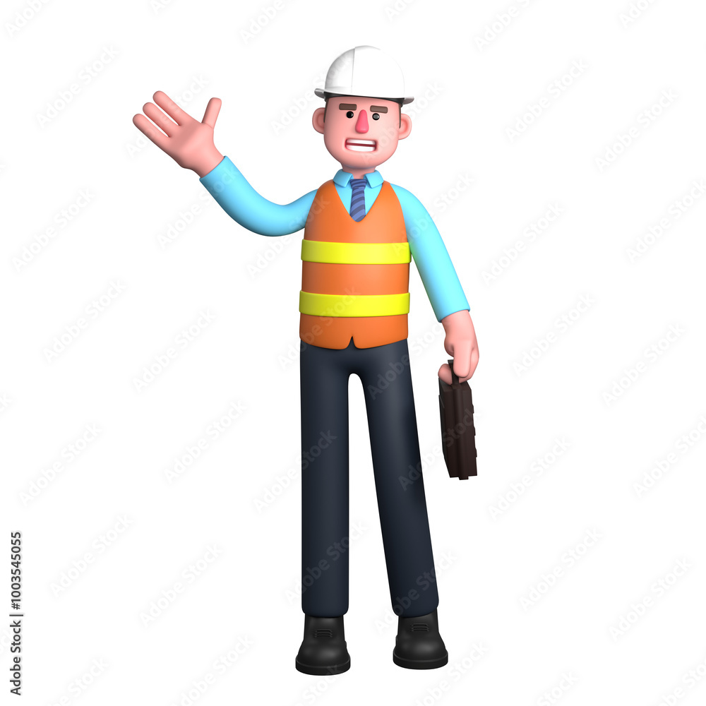 3D Male Architect Design Illustration. An Architect stands with his left hand holding a briefcase while his right hand is raised upwards, as if greeting. Professional 3D Male Architect Design Illustration. An Architect stands with his left hand holding a briefcase while his right hand is raised upwards, as if greeting. Professional