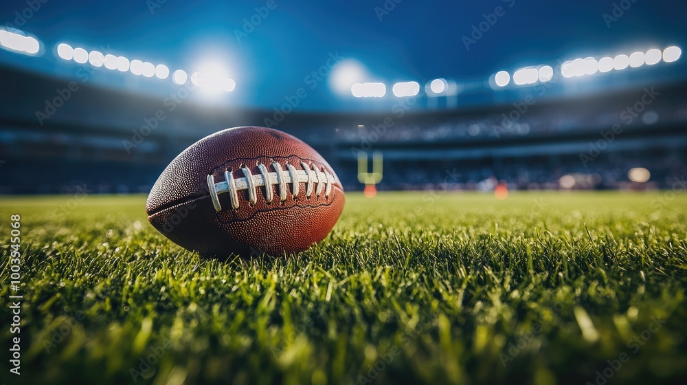 Football resting on a freshly cut grass field, with stadium seating and floodlights visible in the background, perfect for sports-themed visuals. Football resting on a freshly cut grass field, with stadium seating and floodlights visible in the background, perfect for sports-themed visuals.