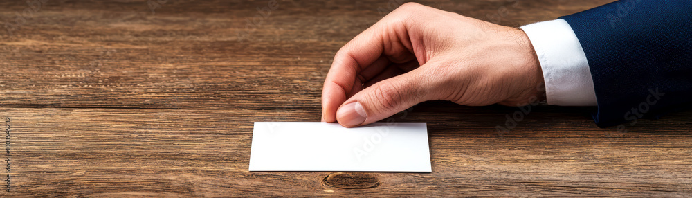A consultant's hand placing a business card on the table during an introductory meeting, business card exchange, networking in consulting. A consultant's hand placing a business card on the table during an introductory meeting, business card exchange, networking in consulting.