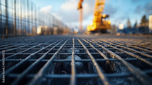 Wire mesh piles are neatly arranged on the construction site, ready for use. A blurred background of a crane is included in the large building plan. History inspection plan