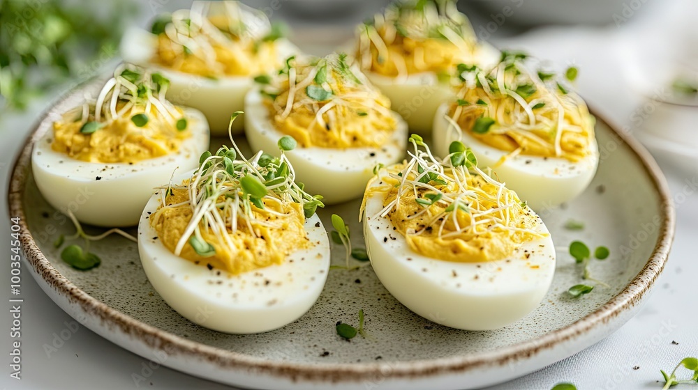 Freshly made deviled eggs topped with cheese and mustard, delicately sprinkled with microgreens, arranged on a plate for Easter brunch. Freshly made deviled eggs topped with cheese and mustard, delicately sprinkled with microgreens, arranged on a plate for Easter brunch.