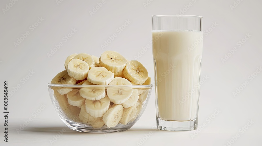 Freshly sliced bananas in a glass bowl, next to a tall glass of milk on a white background, creating a healthy snack scene. Freshly sliced bananas in a glass bowl, next to a tall glass of milk on a white background, creating a healthy snack scene.