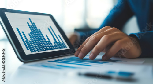 A consultant's hand scrolling through financial graphs on a tablet screen during a business meeting, tablet graph analysis, consulting data.