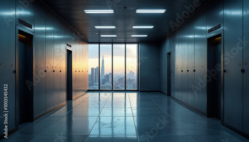 A large  empty  modern building with a city view in the background