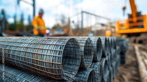 Wire mesh piles organized at a construction site, with workers visible in the background