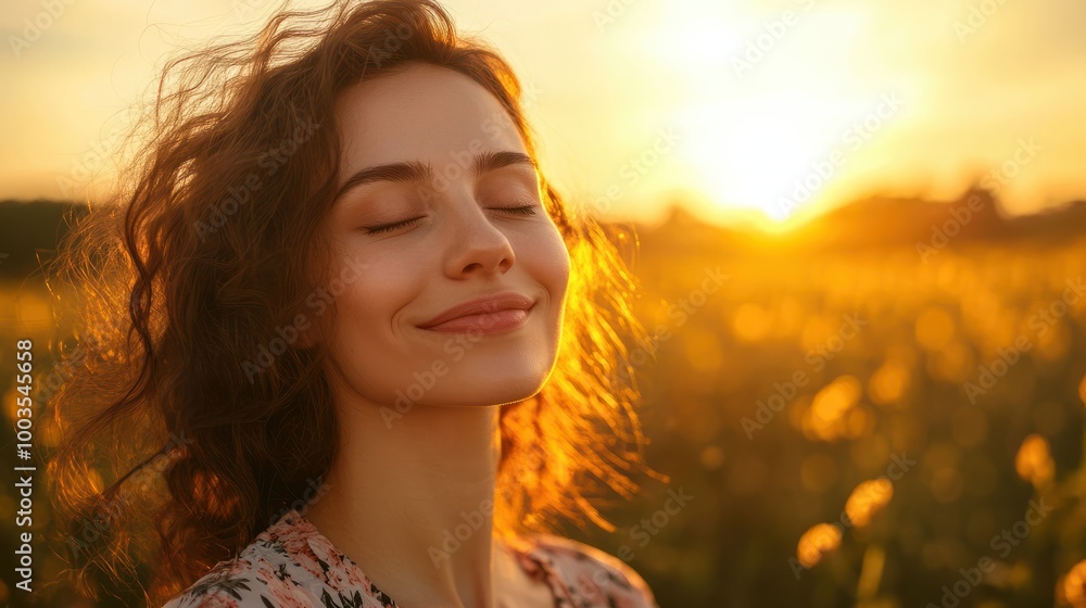 Backlit Portrait of calm happy smiling free woman with closed eyes enjoys a beautiful moment life on the fields at sunset Backlit Portrait of calm happy smiling free woman with closed eyes enjoys a beautiful moment life on the fields at sunset