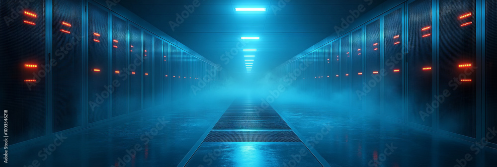 A long, dark hallway in a server room, illuminated by blue lights. The air is filled with mist, creating a sense of mystery. A long, dark hallway in a server room, illuminated by blue lights. The air is filled with mist, creating a sense of mystery.