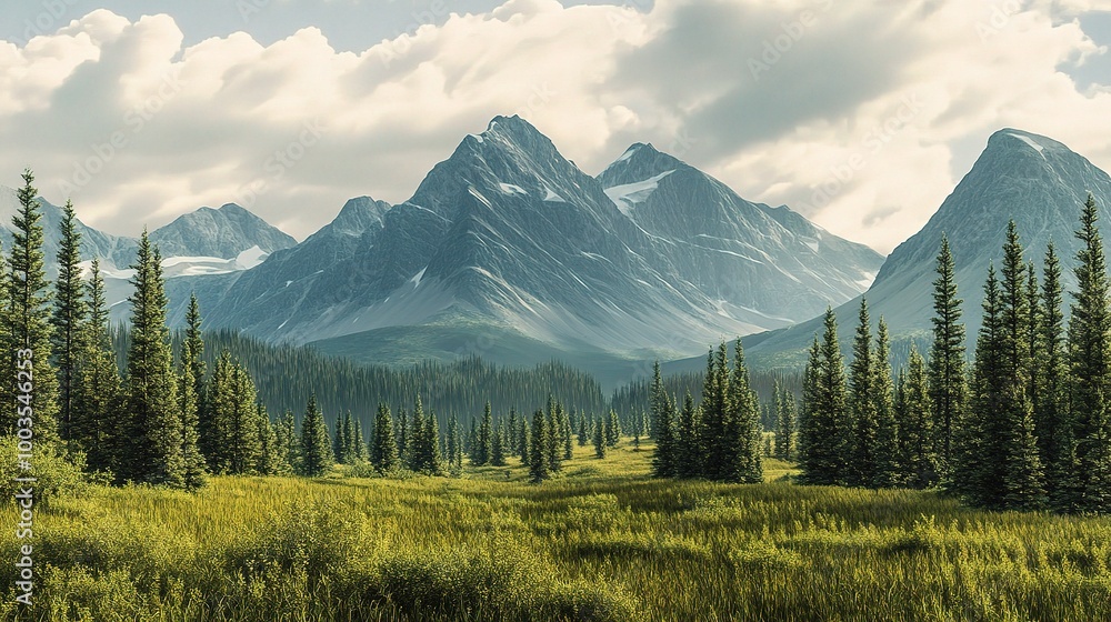 Scenic Mountain Landscape with Pine Trees and Clouds Scenic Mountain Landscape with Pine Trees and Clouds