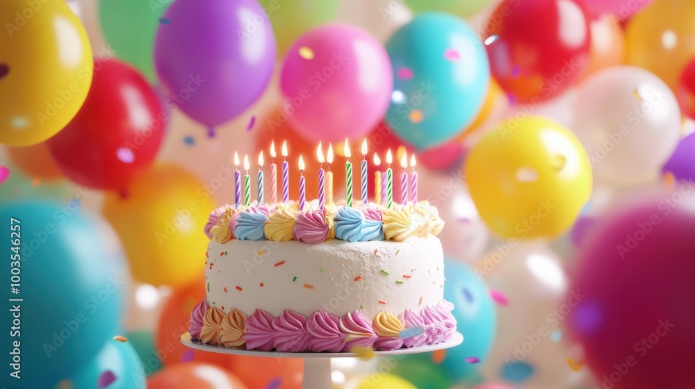 birthday party balloons, colourful balloons background and birthday cake with candles. birthday party balloons, colourful balloons background and birthday cake with candles.