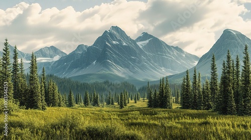 Scenic Mountain Landscape with Pine Trees and Clouds