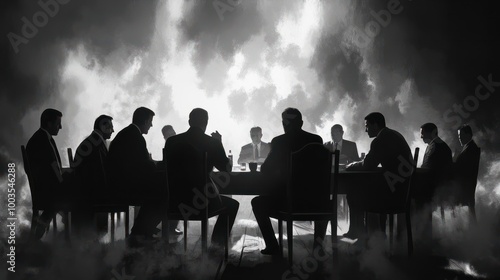 Black and white illustration of a secret meeting, a group of business people sitting at a table in the smoke. Mafia. Silhouettes of office workers.