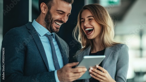 Business colleagues sharing a laugh over a tablet. Male executive and young female employee.