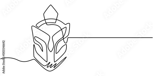Continuous one line drawing of spartan helmet. Medieval, greek, roman, traditional, protection concept. Editable stroke vector, One line drawing of armour warrior helmet. One continuous line drawing