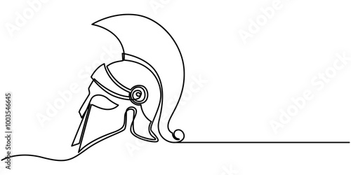 Continuous one line drawing of spartan helmet. Medieval, greek, roman, traditional, protection concept. Editable stroke vector, One line drawing of armour warrior helmet. One continuous line drawing
