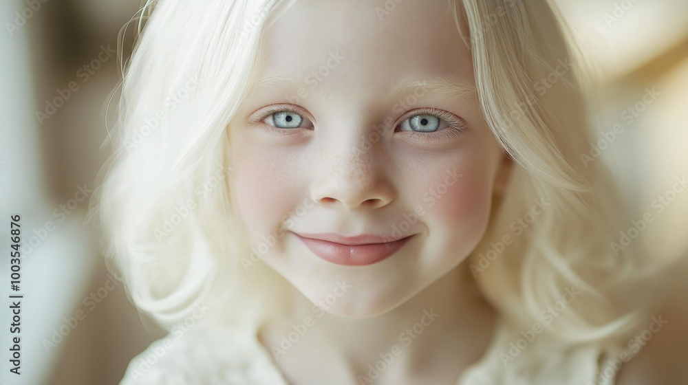 Radiant Smiling Portrait of Young Albino Girl with Curly Blonde Hair and Blue Eyes in Soft Natural Light for Stock Photography Radiant Smiling Portrait of Young Albino Girl with Curly Blonde Hair and Blue Eyes in Soft Natural Light for Stock Photography
