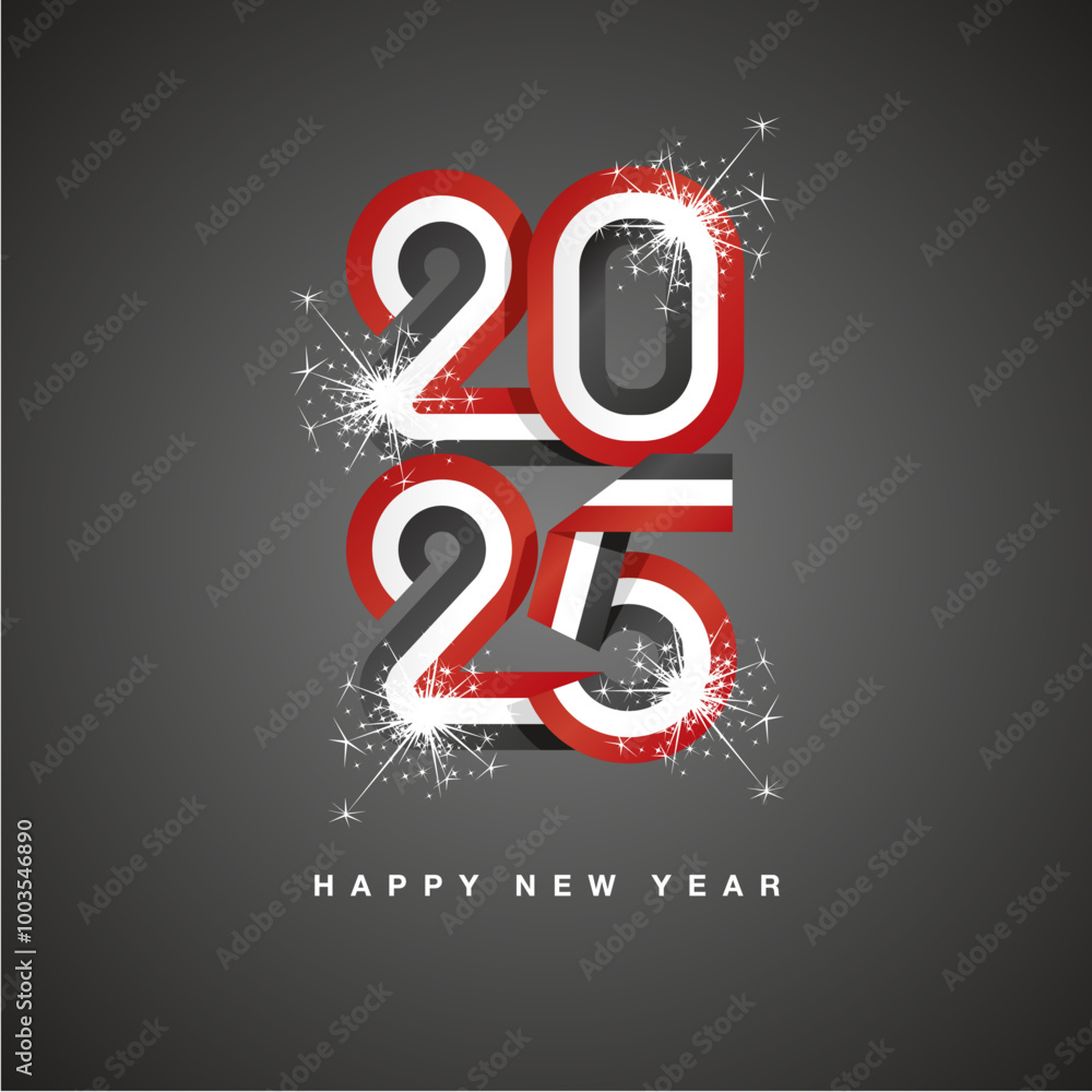 Fototapeta premium 2025 New Year continuous Egypt ribbon. Abstract red white black flag of Egypt in the shape of 2025 logo with sparkle firework. New Year concept greeting card