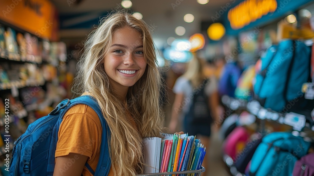 A smiling student holds school supplies in a store filled with backpacks and stationery. A smiling student holds school supplies in a store filled with backpacks and stationery.