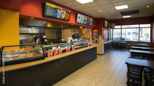 Interior of a fast-food restaurant with a counter and seating area.
