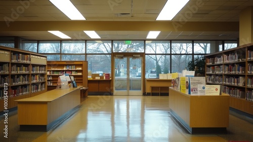 Interior of a library with bookshelves and large windows.