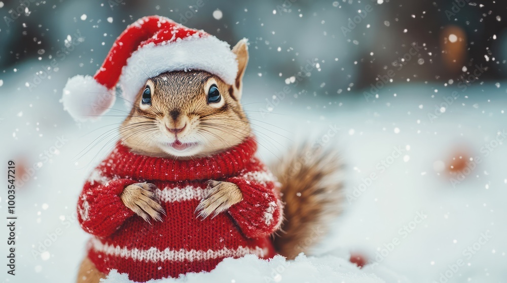 Chipmunk in snow with winter clothes like Santa Claus.. Christmas style hat and sweater. Funny animals in winter. Chipmunk in snow with winter clothes like Santa Claus.. Christmas style hat and sweater. Funny animals in winter.