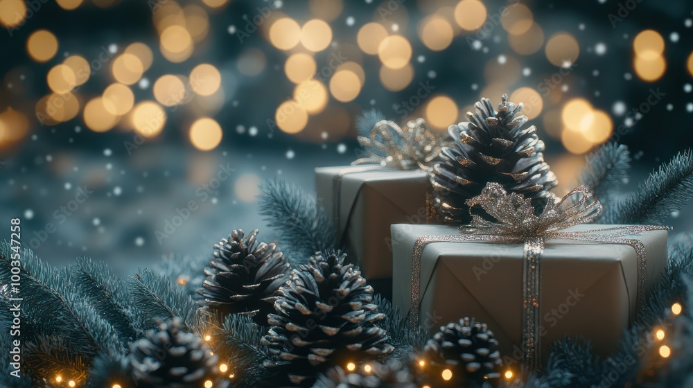 christmas and new year background - gift boxes and pine cones and branches on the background of bokeh garlands christmas and new year background - gift boxes and pine cones and branches on the background of bokeh garlands