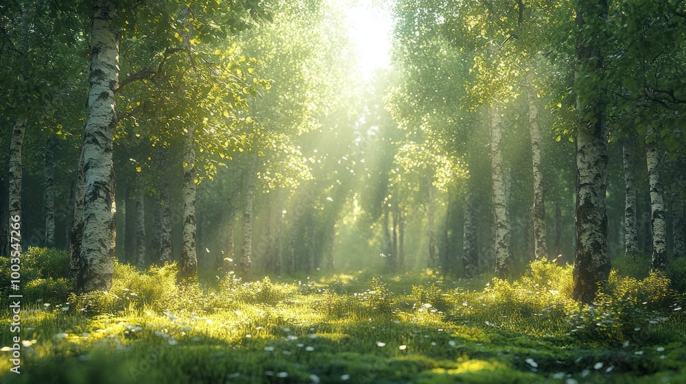 Fototapeta premium Sunbeams Through Birch Forest