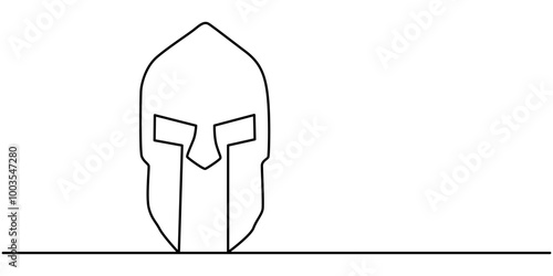 Continuous one line drawing of spartan helmet. Medieval, greek, roman, traditional, protection concept. Editable stroke vector, One line drawing of armour warrior helmet. One continuous line drawing