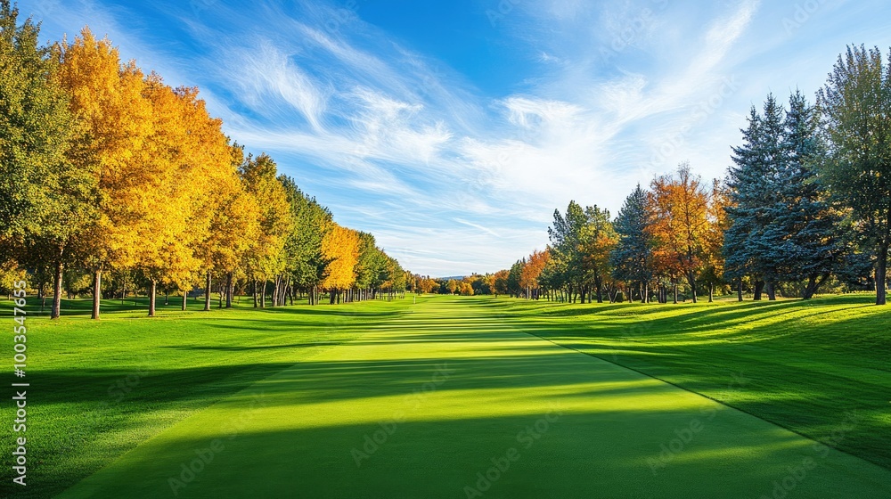 Fototapeta premium Idyllic golf course landscape featuring a long fairway, lined with trees and green grass, under a bright blue sky.