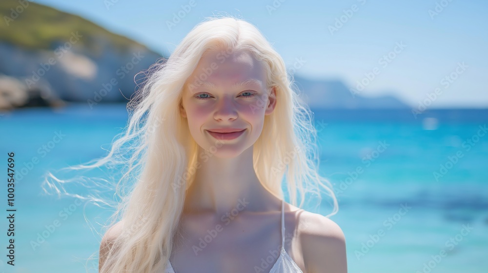 Young Albino Female Model Posing on a Greek Beach with Scenic Coastal Backdrop for Summer Vacation and Travel Young Albino Female Model Posing on a Greek Beach with Scenic Coastal Backdrop for Summer Vacation and Travel