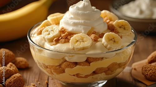 Layered banana pudding in a bowl with soft vanilla wafers, banana slices, and creamy pudding, finished with a generous topping of whipped cream.