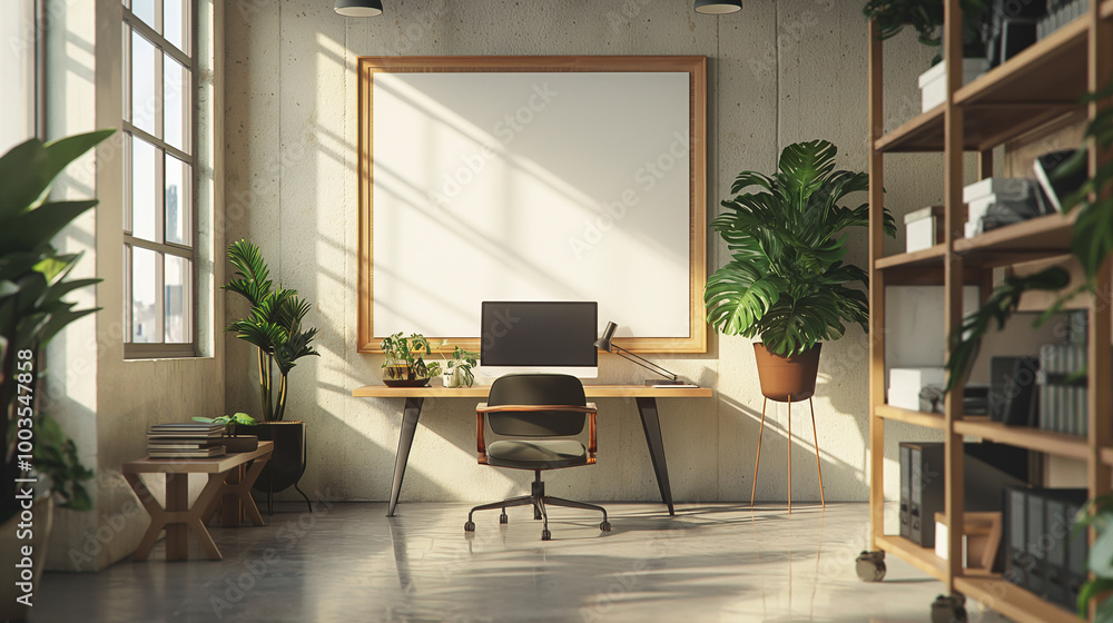 Fototapeta premium a blank white poster in modern office workspace for mockup, empty poster mockup advertisement branding