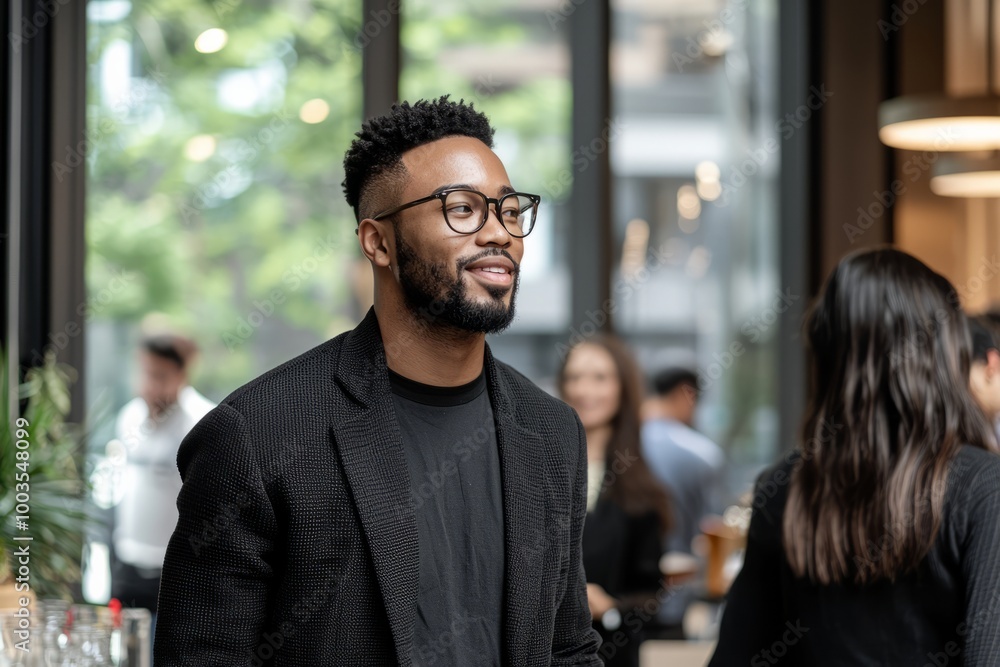 Young entrepreneur organizing a networking event, attendees mingling and exchanging contact information, Generative AI