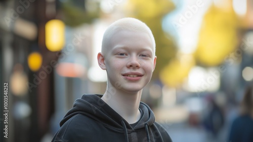 Smiling British Teen Boy with Albinism in Urban Street Setting Showing Confidence and Diversity