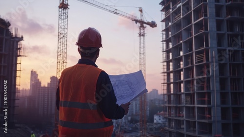 Construction worker and engineer wearing safety gear looking for blueprints in high rise building construction site with tower crane.