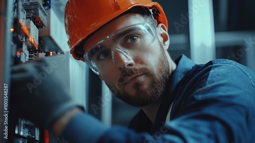 copy space, stockphoto, Candid shot of a maler commercial electrician at work on a fuse box, adorned in safety gear, demonstrating professionalism. maleengineer working on an electicity installation. photo