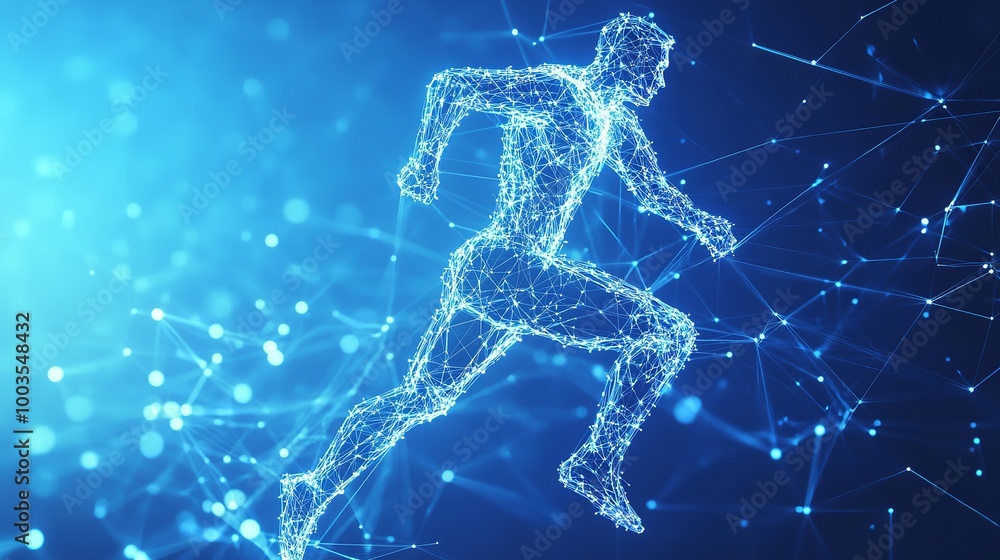 Abstract soccer player footballer from particles low poly technology background Abstract soccer player footballer from particles low poly technology background