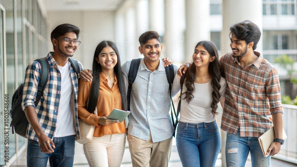 Obraz premium Education is Fun: Joyful Indian/Asian Young Students Enjoying Togetherness on College Campus