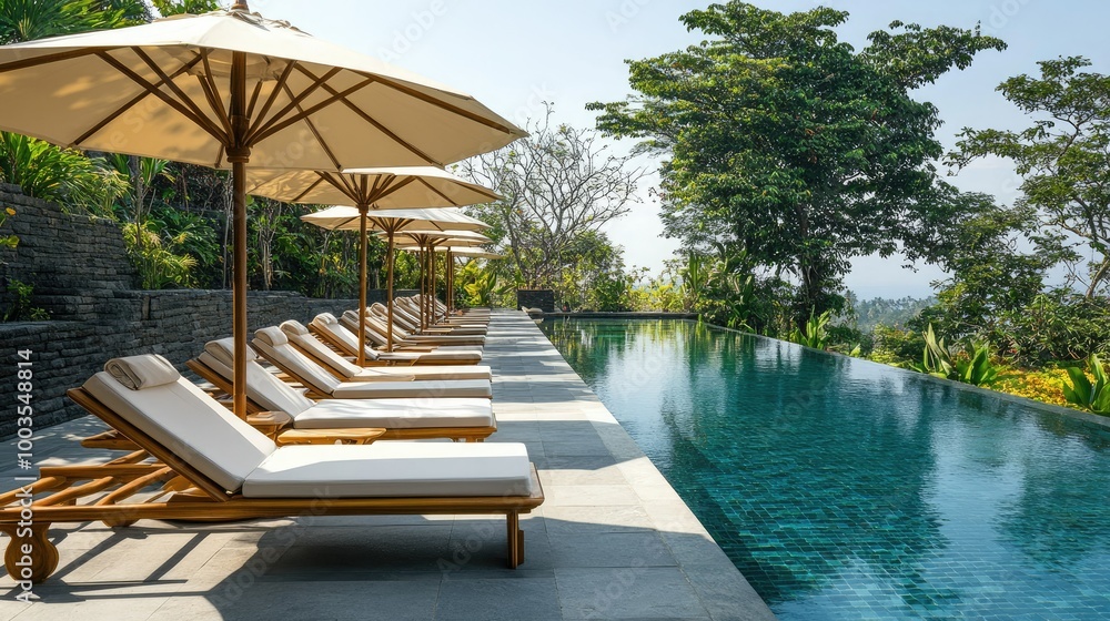 Obraz premium Luxurious sun loungers under umbrellas near a sparkling swimming pool, capturing the essence of a tropical holiday in Indonesia.