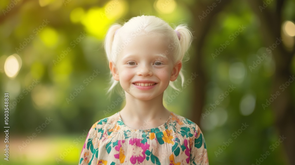 Portrait of a Smiling Young Albino Girl with Blonde Hair in a Colorful Dress, Outdoors in Nature Greenery Portrait of a Smiling Young Albino Girl with Blonde Hair in a Colorful Dress, Outdoors in Nature Greenery