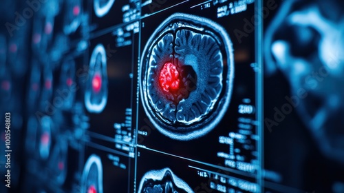 MRI scan displaying a brain tumor highlighted in red on a medical imaging screen.