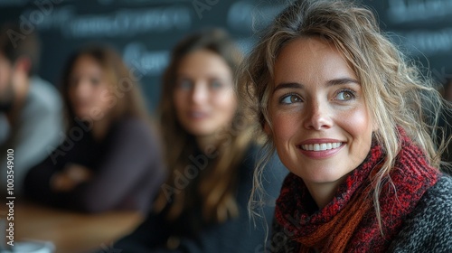 A smiling woman in a cozy setting, with others blurred in the background.