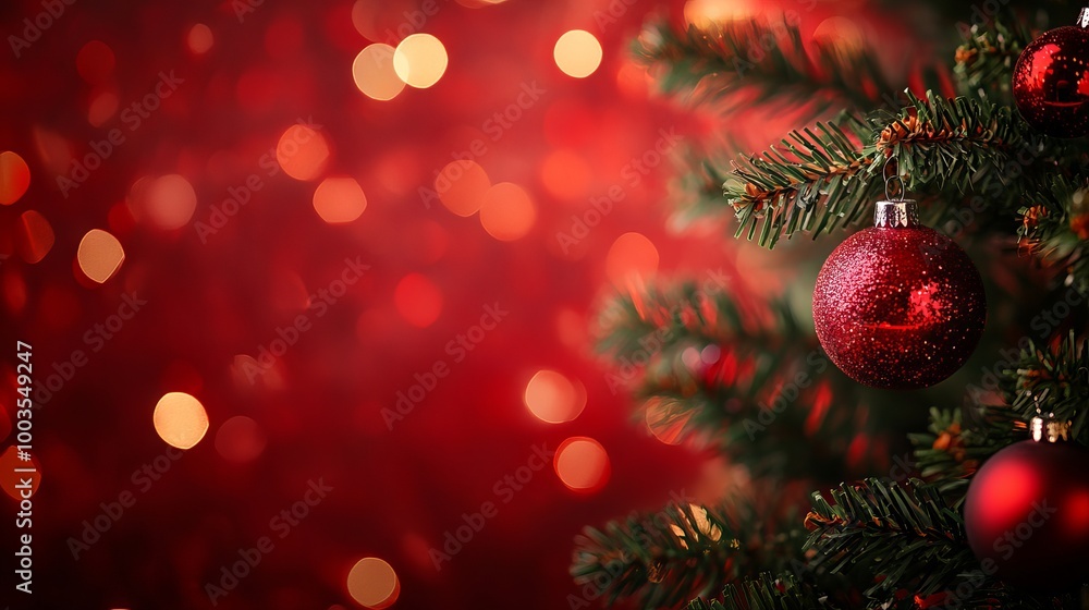 Festive christmas tree decorated with ornaments and glowing bokeh lights on a vibrant red background