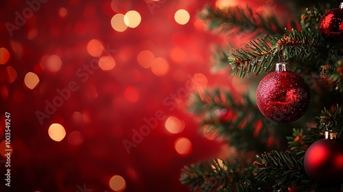 Obraz na płótnie Festive christmas tree decorated with ornaments and glowing bokeh lights on a vibrant red background w salonie