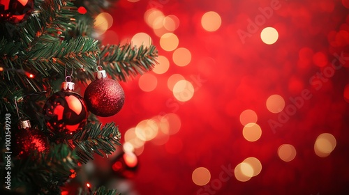 Festive christmas tree decorated with ornaments and glowing bokeh lights on a vibrant red background