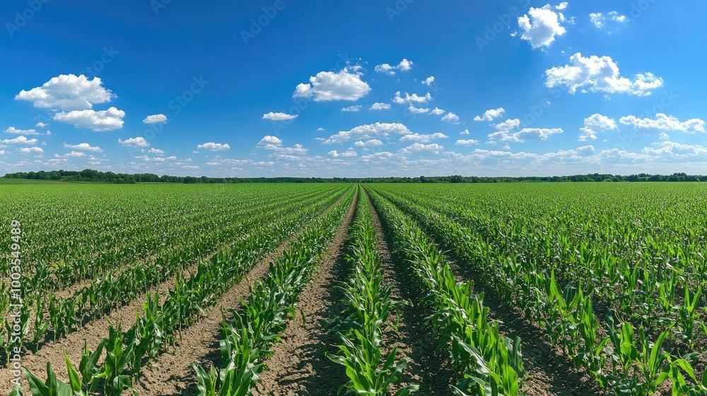 Panoramic image of a corn plantation in its growth phase, with tall green stalks aligned in rows and stretching toward the horizon. Panoramic image of a corn plantation in its growth phase, with tall green stalks aligned in rows and stretching toward the horizon.
