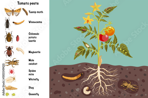 vector drawing plant of tomato with red fruits, green leaves and yellow flowers and pests, vegetable and insects in soil ground, hand drawn illustration