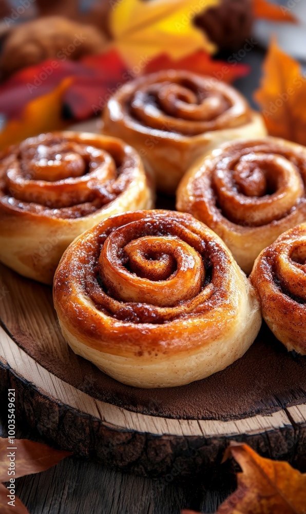 Fototapeta premium Close-up Cinnamon Rolls on Wooden Board with Fall Leaves
