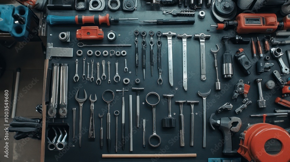 A flat lay of various tools and equipment on a dark blue surface. A flat lay of various tools and equipment on a dark blue surface.