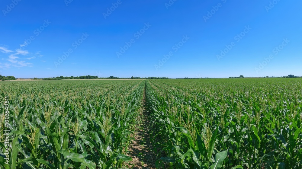Panoramic view of a lush green corn field plantation stretching toward the horizon under a bright blue sky, showing the growth of the crops. Panoramic view of a lush green corn field plantation stretching toward the horizon under a bright blue sky, showing the growth of the crops.